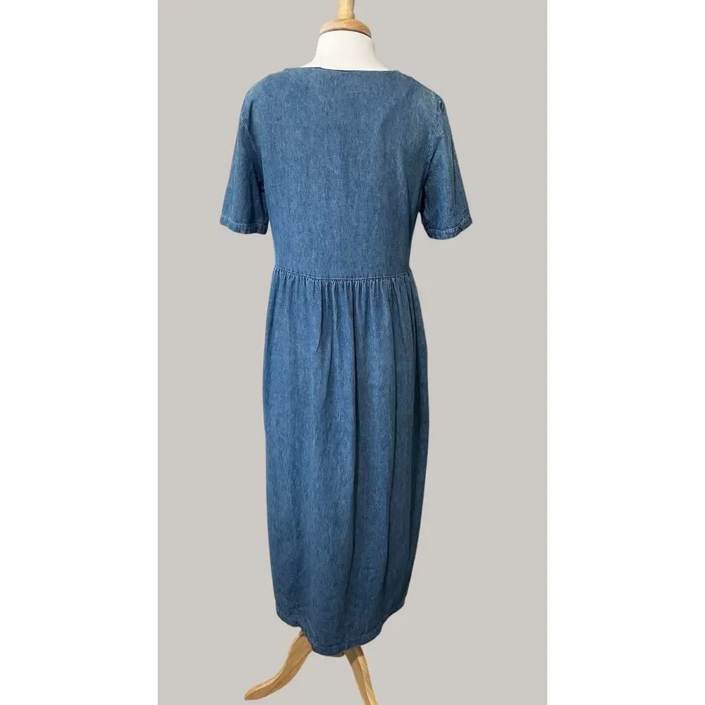Vintage 90s Denim Maxi Dress Scottish Terrier Patch Prairie W/ Pockets Sz 8
